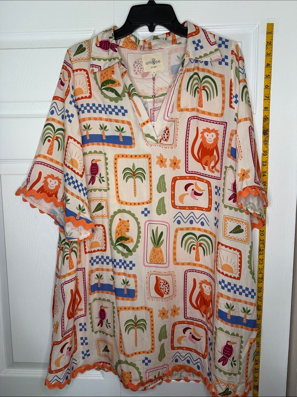 Umgee Cream Short Sleeve V-Neck Shirt  or Dress with Tropical Patch Print